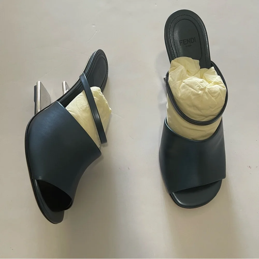 Fendi First Metallic F-Heel Mule Sandals - Picture 8 of 15